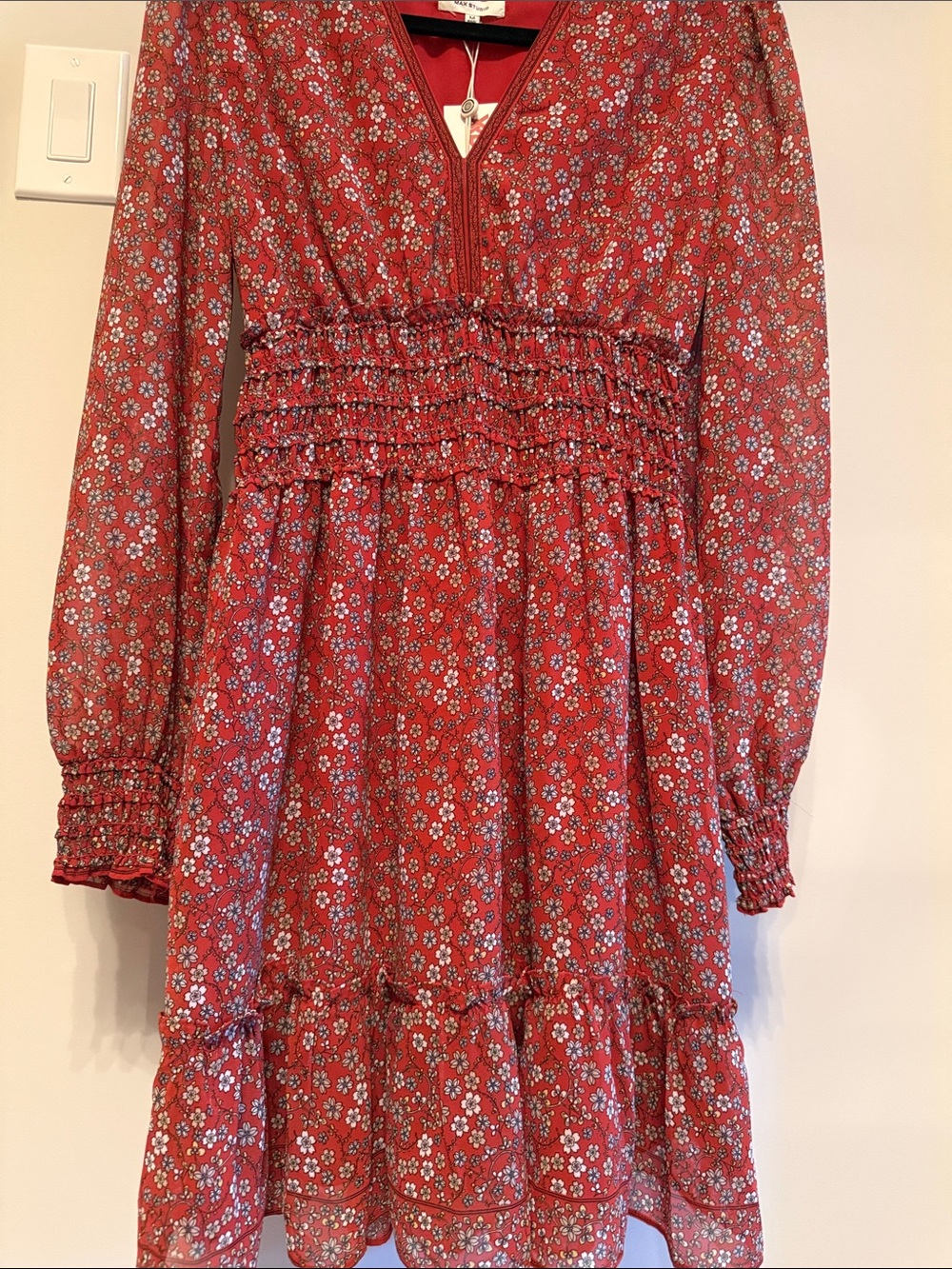 Max Studios Red Floral V-Neck Smocked Waist Mini Dress - Picture 10 of 16